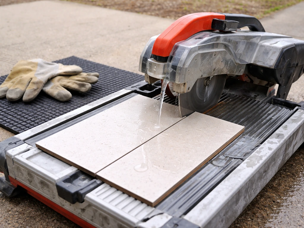 Wet tile saw cutting a ceramic tile straight outdoors with water cooling to control dust.