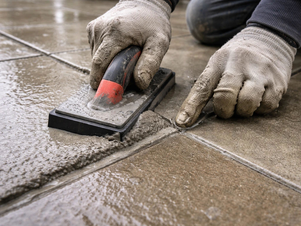 Gloved hands applying grout and smoothing sealant into outdoor paver joints.