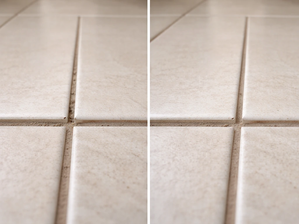 Close-up of bathroom floor tiles showing a previously high tile now leveled and flush with neighbors