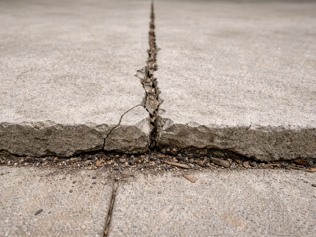 Close edge-on view of cracked, eroded patio mortar joints with gaps and lifted edges from water damage.