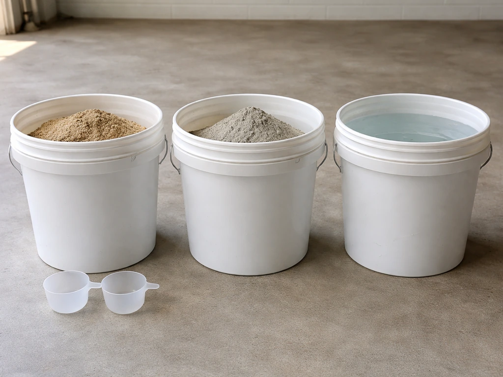 Three DIY mortar ingredients in separate buckets with a clear 3:1 sand-to-cement ratio.