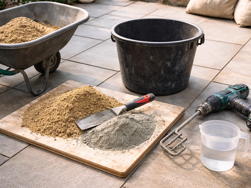 Tools and materials laid out for mixing patio mortar: bucket, trowel, drill paddle, sand, cement, cold water.