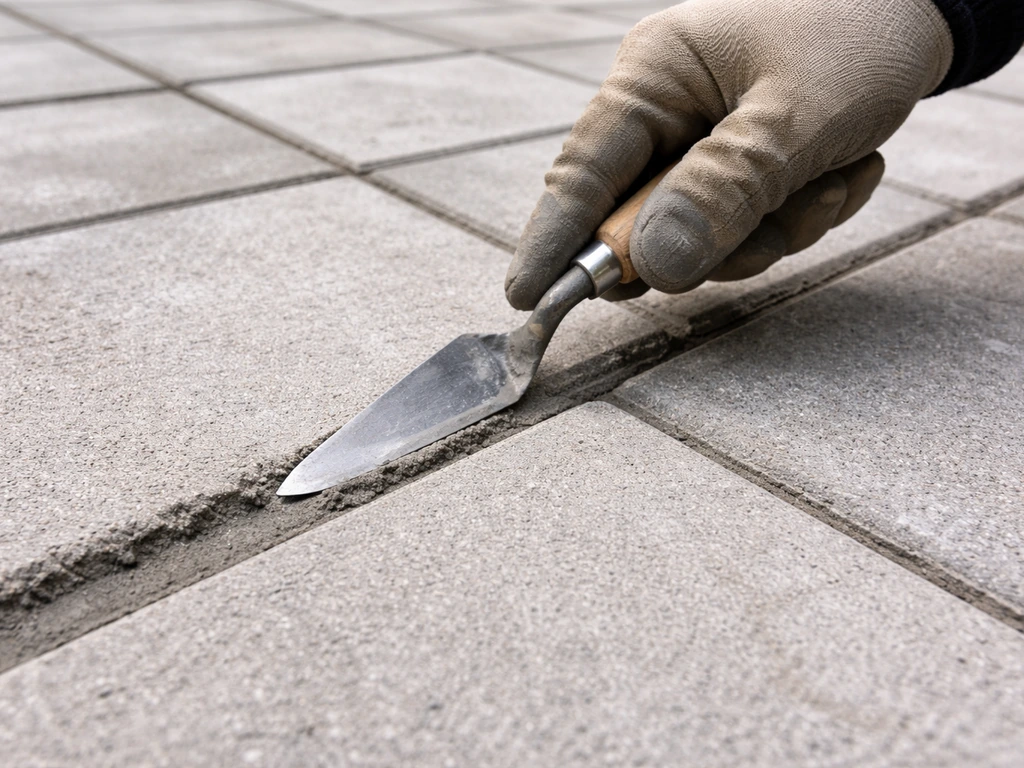 Hand troweling mortar into patio paver joints, neatly tooled and smoothed surface