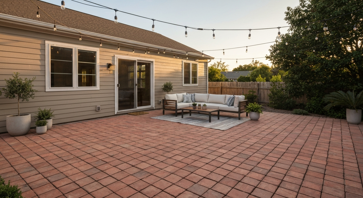 Renovated brick patio with clean mortar joints, outdoor furniture, string lights, and potted plants.