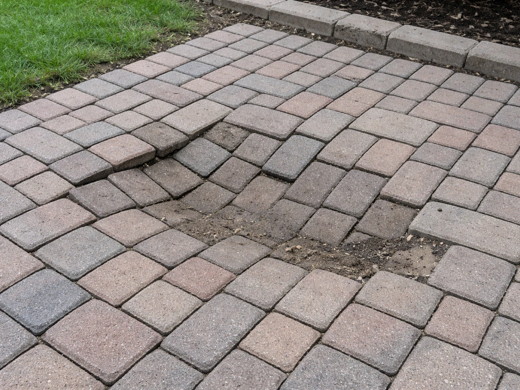 Sunken brick patio with uneven pavers and a visible low spot showing the leveling problem.