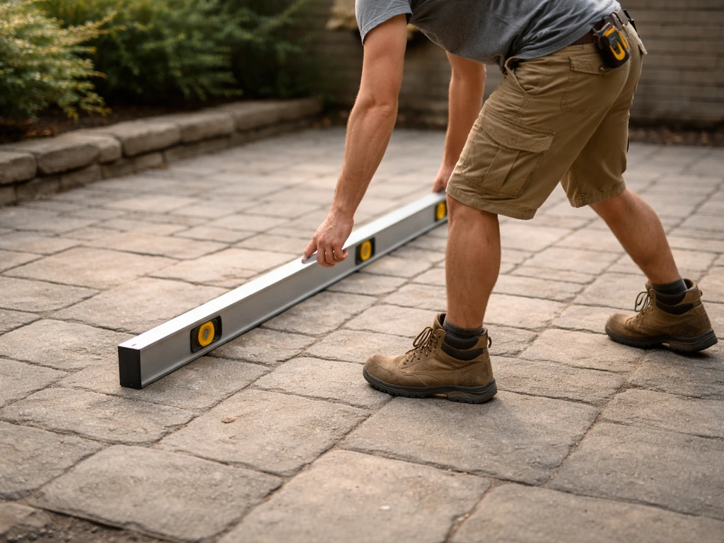 DIYer walking a patio and checking uneven spots with a straightedge/level.