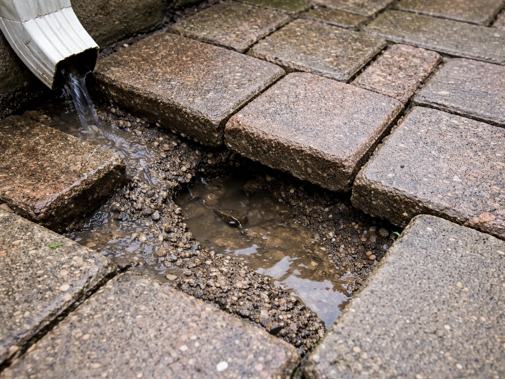 Close-up of lifted patio bricks showing muddy washout voids and eroded base from poor drainage
