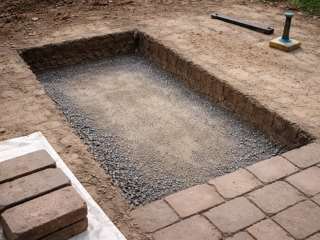 Leveled excavated base with compacted subbase layers, tarp-covered bricks nearby for re-laying