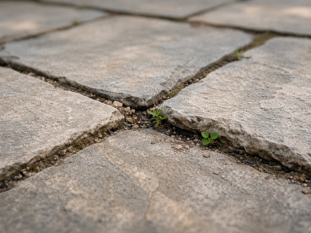 Close-up of patio stone slabs with eroded pointing joints and weeds, showing rocking risk and water intrusion.