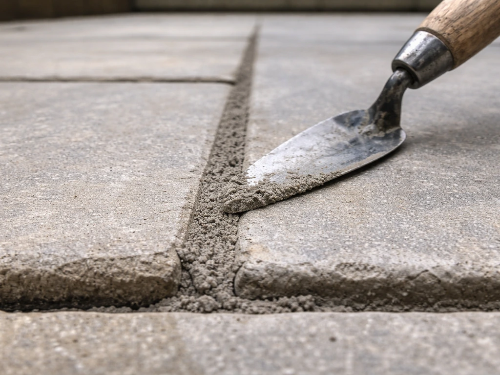 Close-up of patio slabs with pointing mortar packed into the joints between them