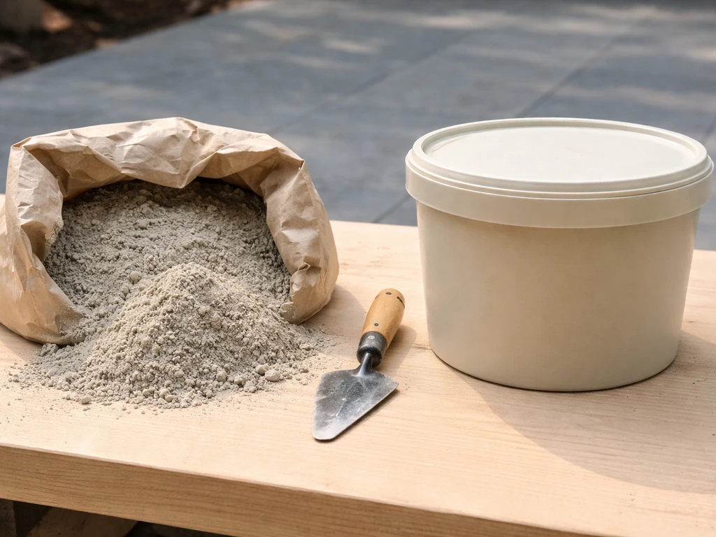 Two mortar product containers side by side: semi-dry pointing mortar and ready-mixed jointing compound.