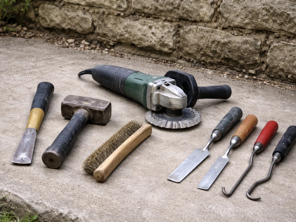 Repointing tools laid out: cold chisel, club hammer, angle grinder, mortar tools, and wire brush.