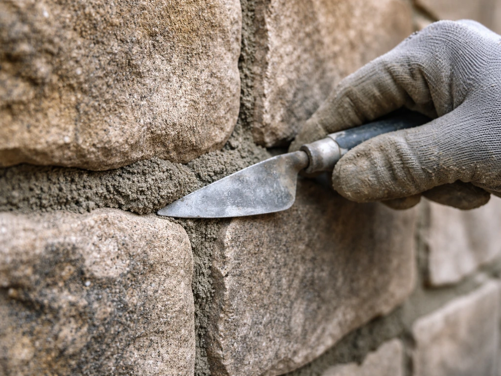 Gloved hands smoothing semi-dry mortar into brick joints with a pointing trowel.