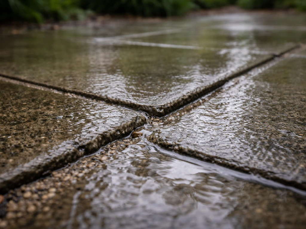 Rainwater pooling at patio paver joints with slightly washed-out joint sand.