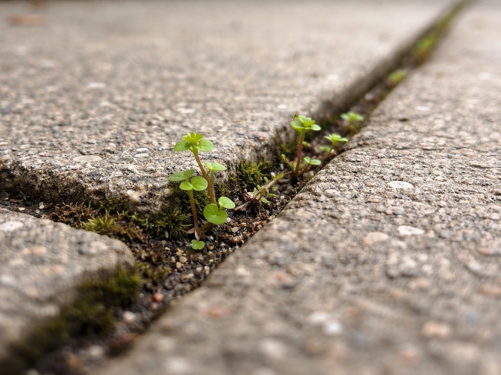 Close-up of weeds, roots, and moss growing from an opened patio concrete joint seam.