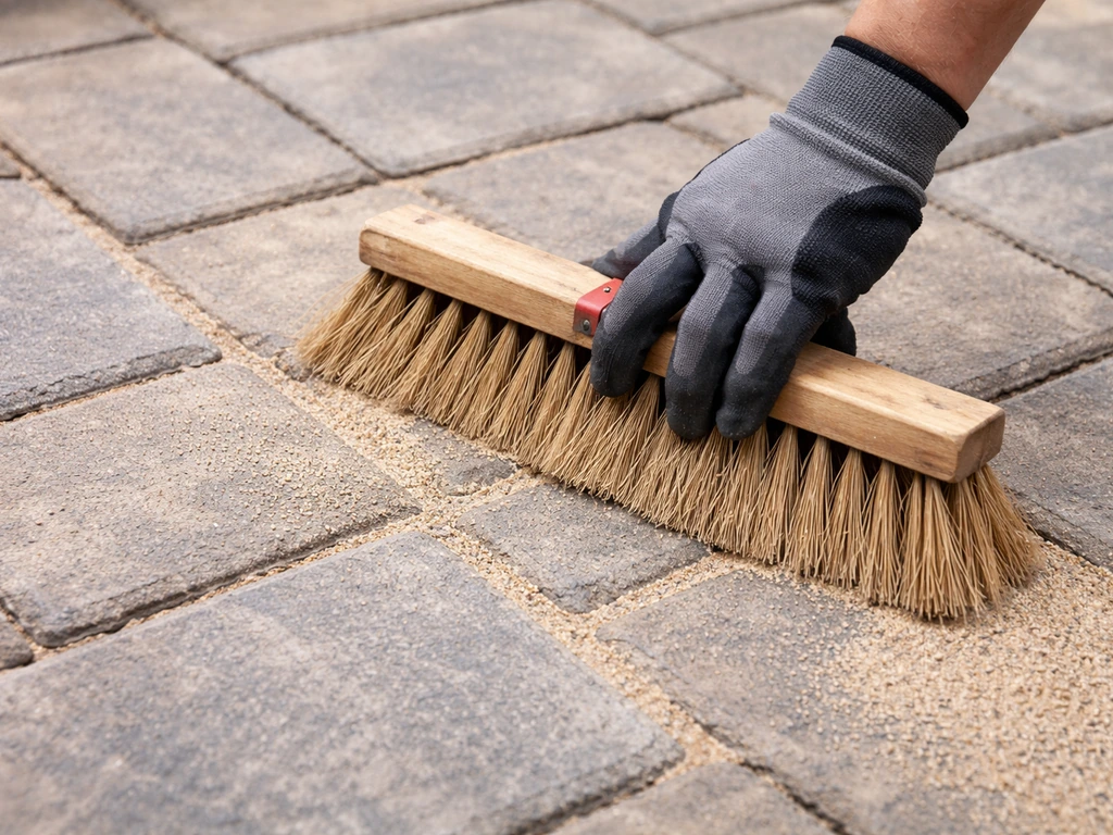 Gloved hand using a stiff brush to sweep dry polymeric sand into joints between patio pavers.