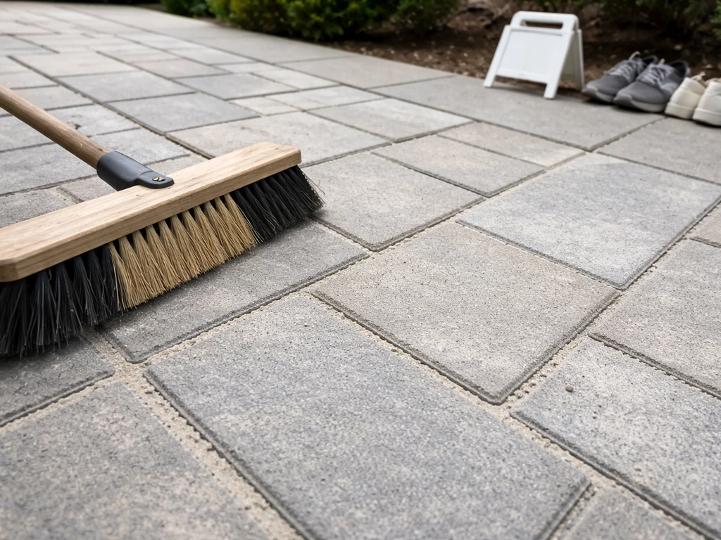 Freshly filled patio joints with a broom and a small no-foot-traffic barrier nearby during curing time.