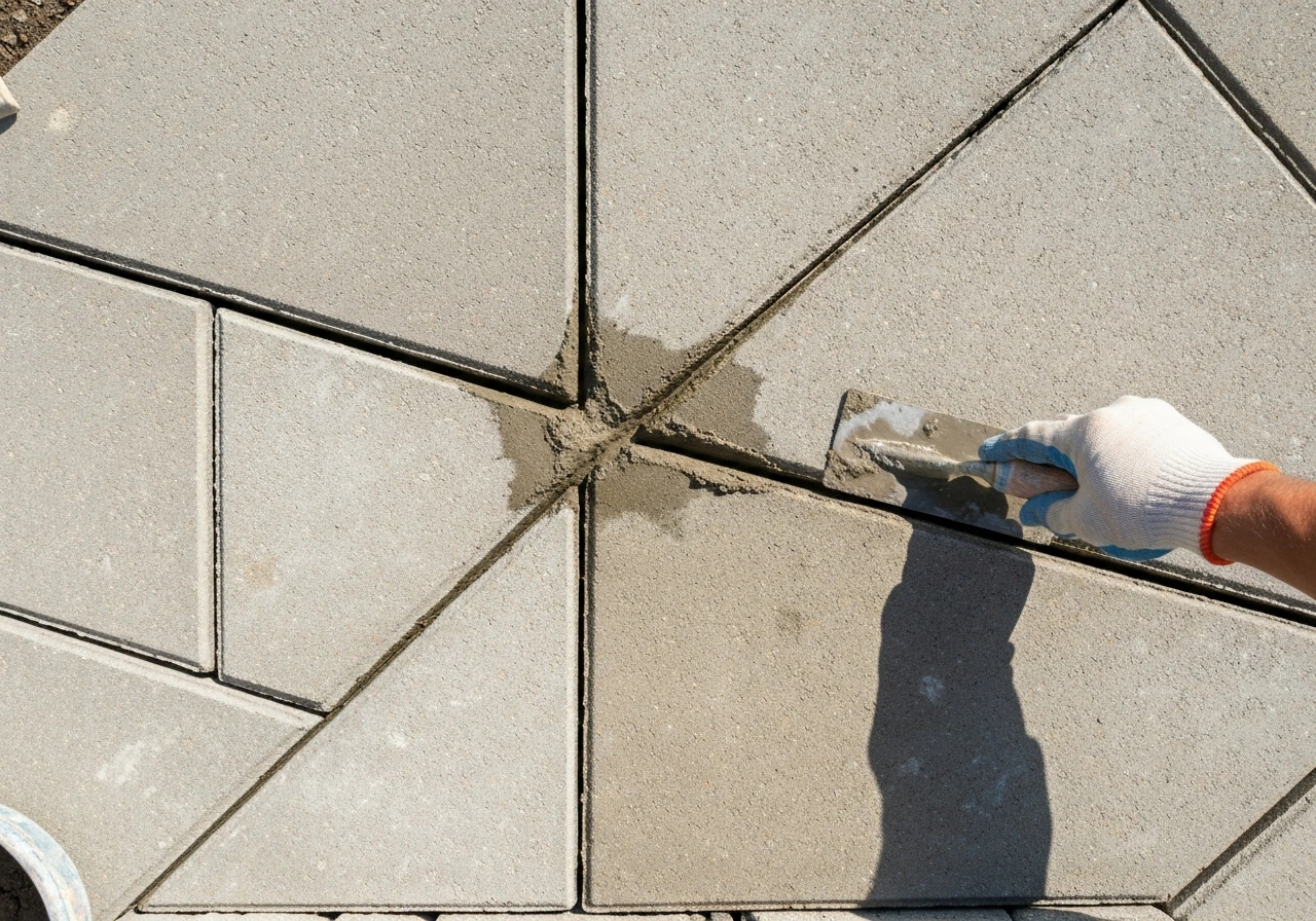 Top-down view of patio concrete slabs with freshly finished sand-and-cement grout joints being smoothed.