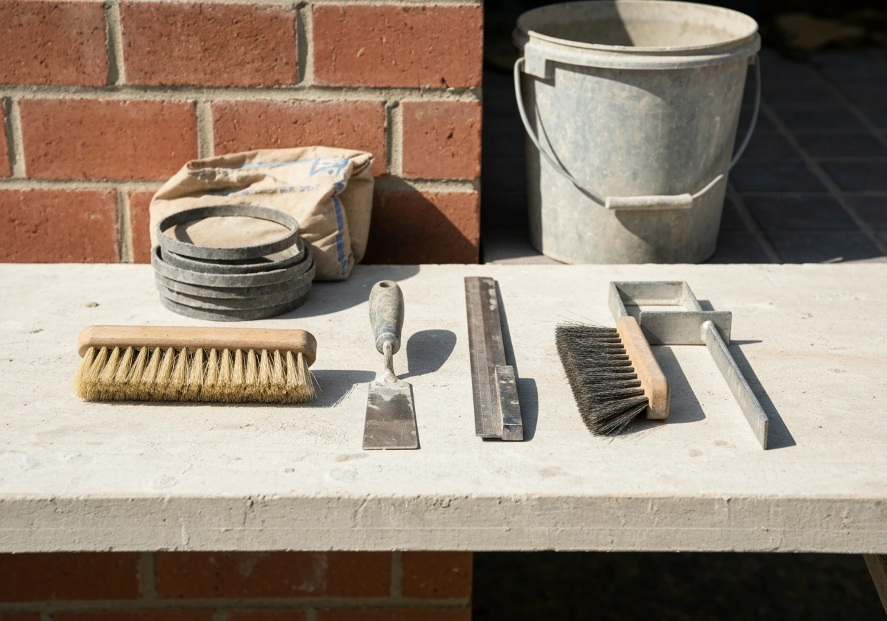 Hand tools for sand-and-cement pointing laid out on a workbench: trowels, brush, bucket, and joint tool.