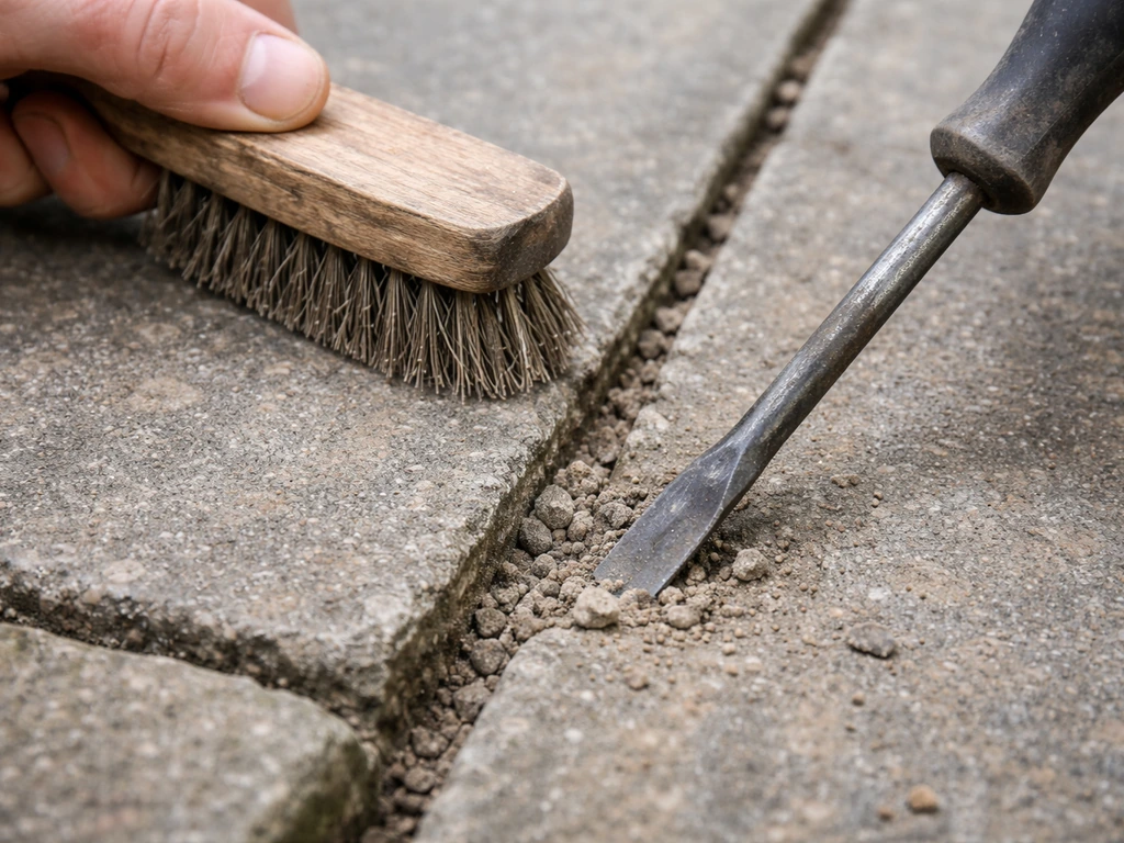 Close-up of a pavement joint being raked clean with a stiff brush and pointing chisel