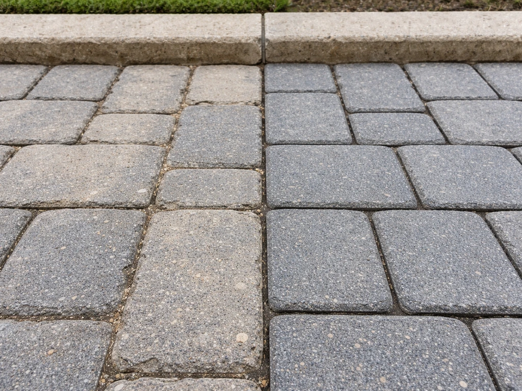 Patio pavers showing left side washed-out, sandy joints and right side neatly packed grout lines