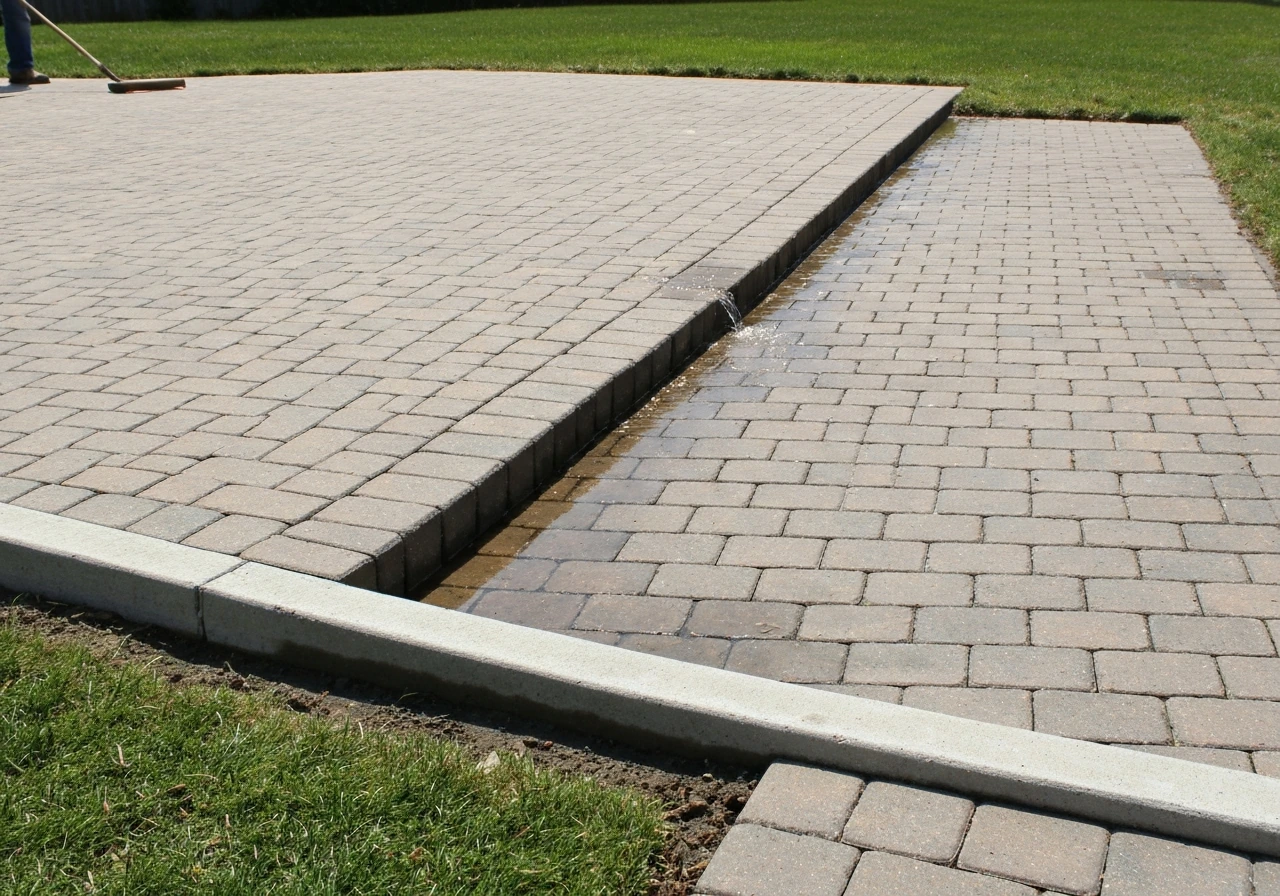 Wide outdoor view of a slanted patio showing high and low edges and runoff flowing toward the lower side.