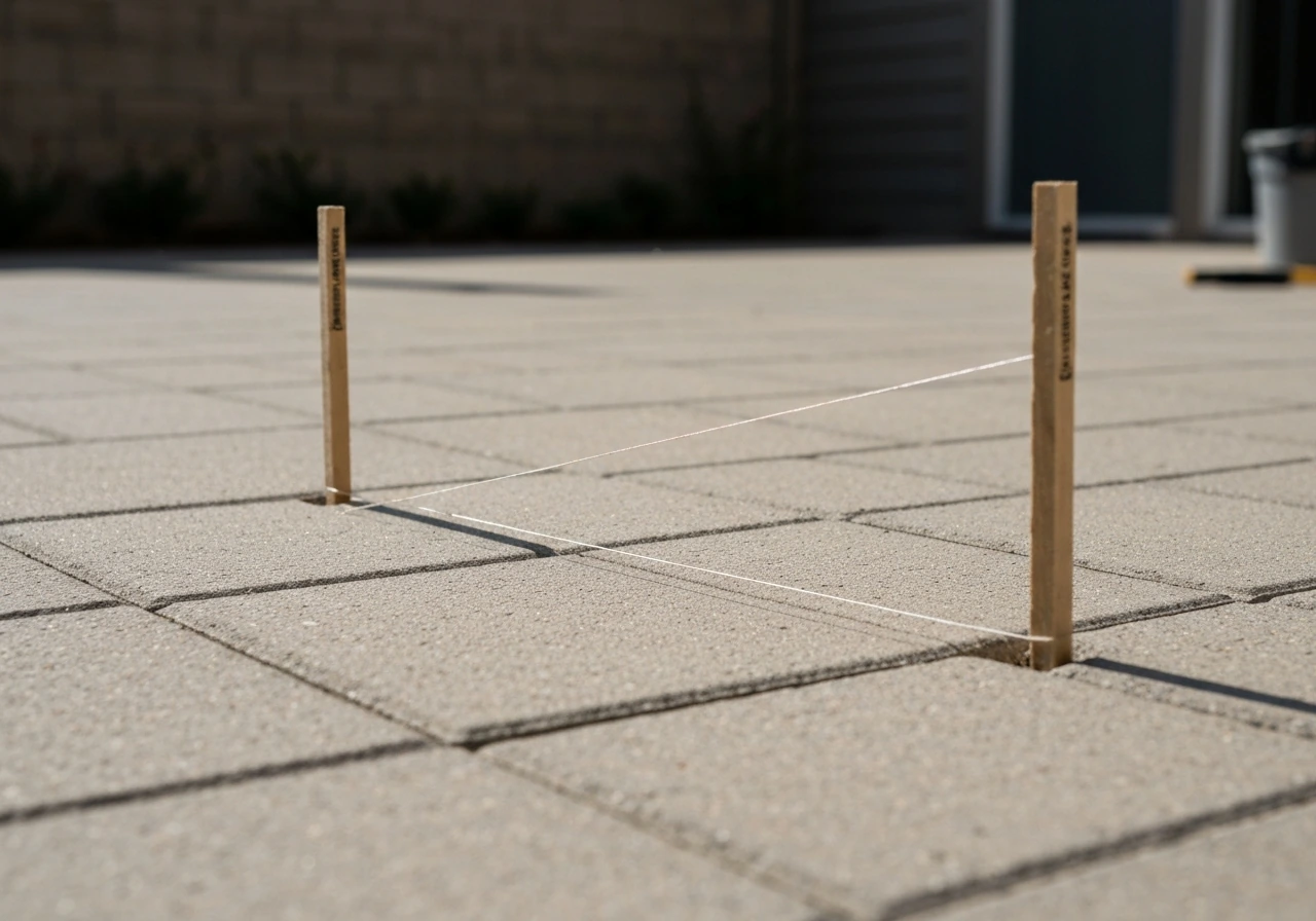 Close-up of two wooden stakes with taut string line on a patio to measure slope direction