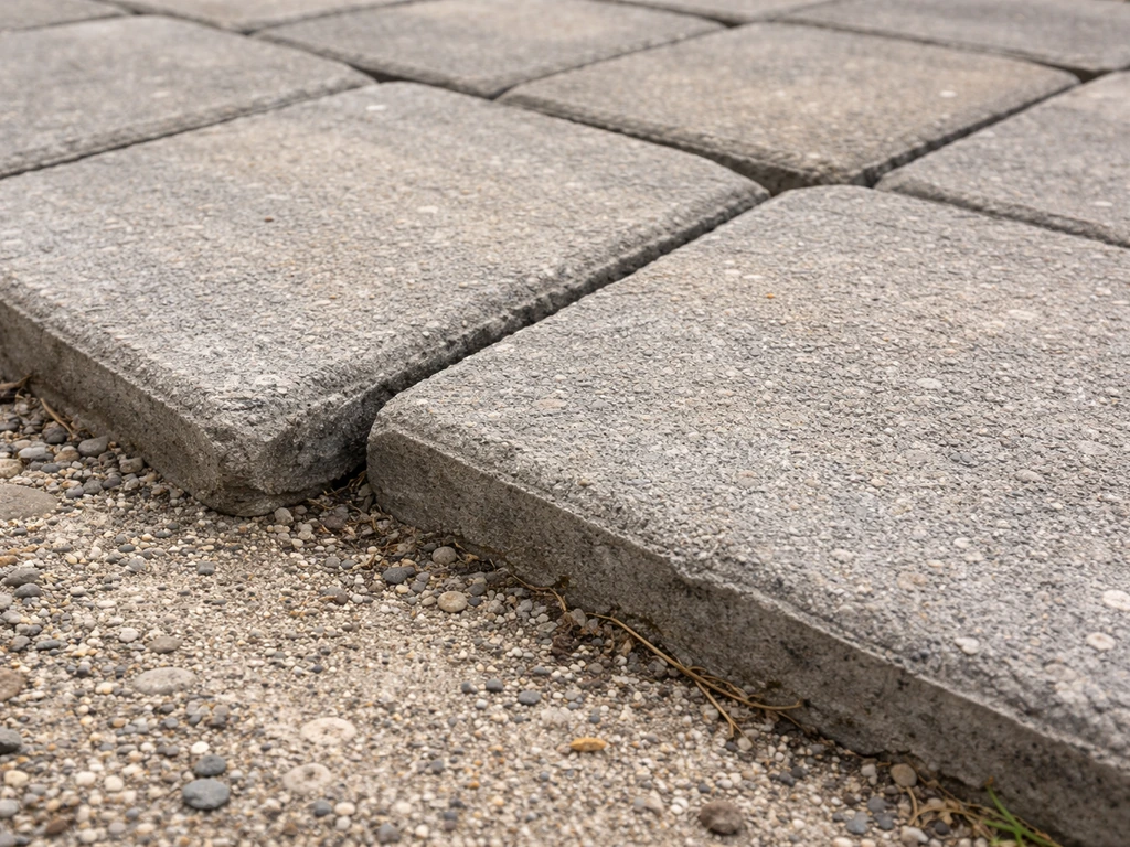 Uneven patio pavers with lifted edges and visible gaps at a seam, suggesting poor base compaction.