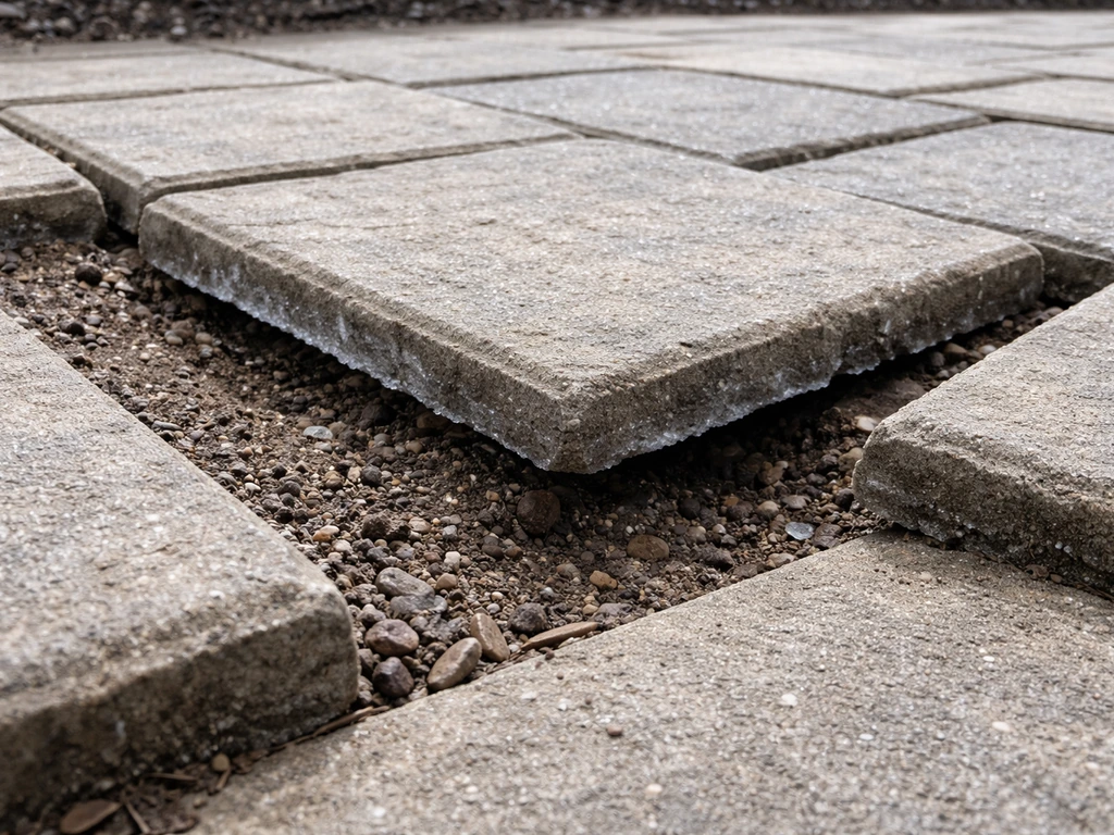 Heaved patio pavers with small gaps and frost residue after freeze-thaw weather.