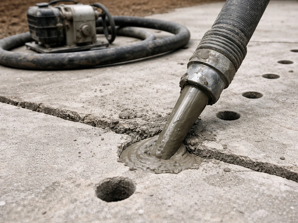 Mudjacking drill holes on a concrete slab with a hose and slurry pump positioned nearby.