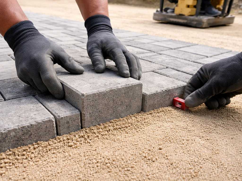 Gloved hands placing interlocking pavers with visible joints over screeded bedding sand.
