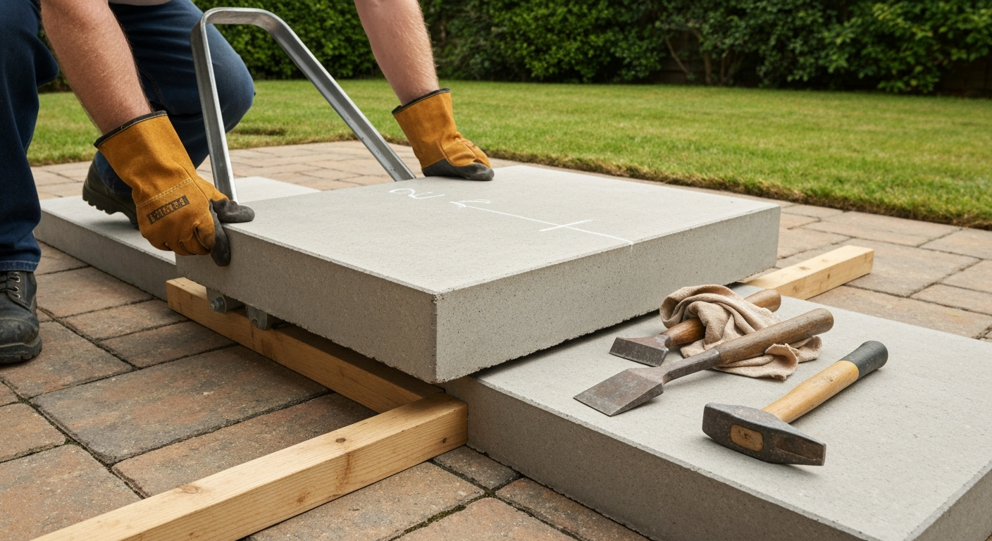 Person using a slab lifter to raise a concrete patio slab with timber cribbing under the lifted edge; gloves, boots, and safety glasses visible.